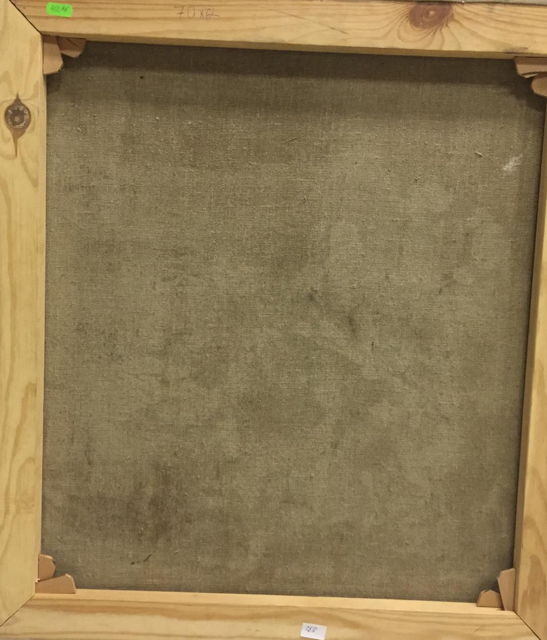 Back of Oil painting After work with textured neutral-toned fabric on wooden frame