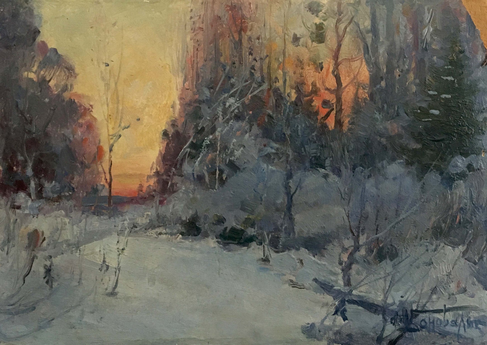 Oil painting of snowy forest path at dusk by Konovalyuk Fedor Zotikovich