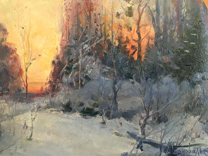 Oil painting of snowy forest sunset by Konovalyuk Fedor Zotikovich