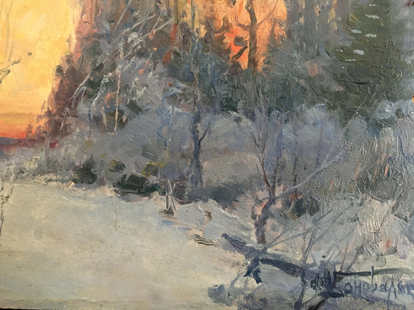 Oil painting of snowy forest at sunset by Konovalyuk Fedor Zotikovich