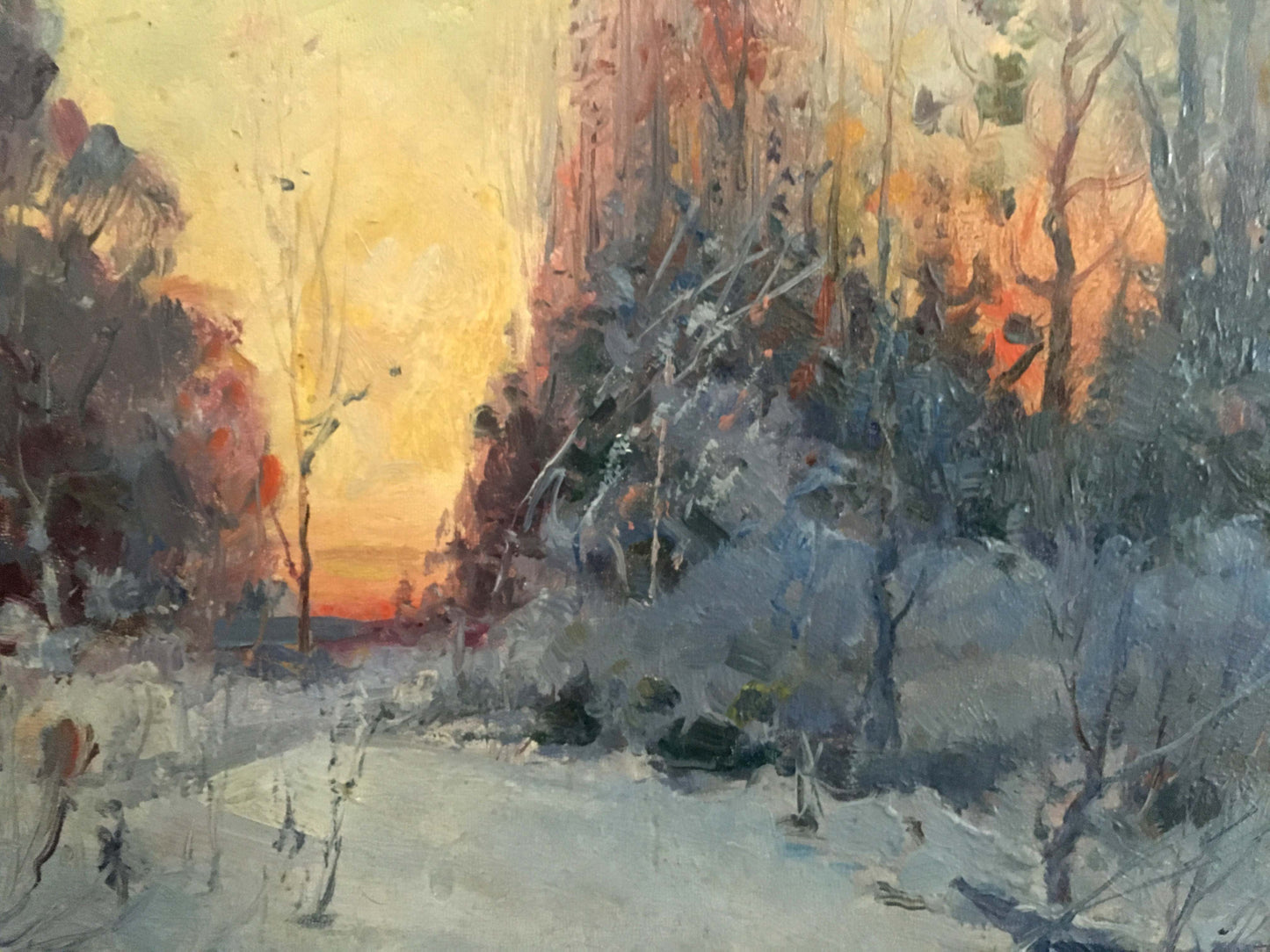 Oil painting of snowy forest path at sunset by Konovalyuk Fedor Zotikovich