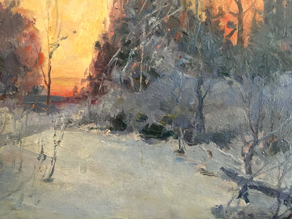 Oil painting by Konovalyuk Fedor Zotikovich: snowy forest at sunset