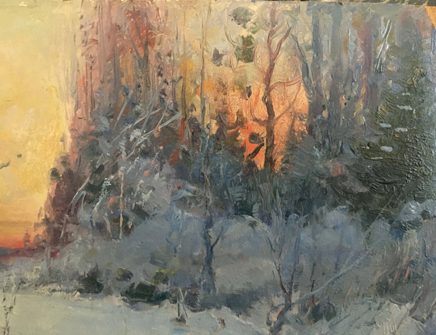 Oil painting Winter landscape by Konovalyuk Fedor Zotikovich, snowy forest sunset