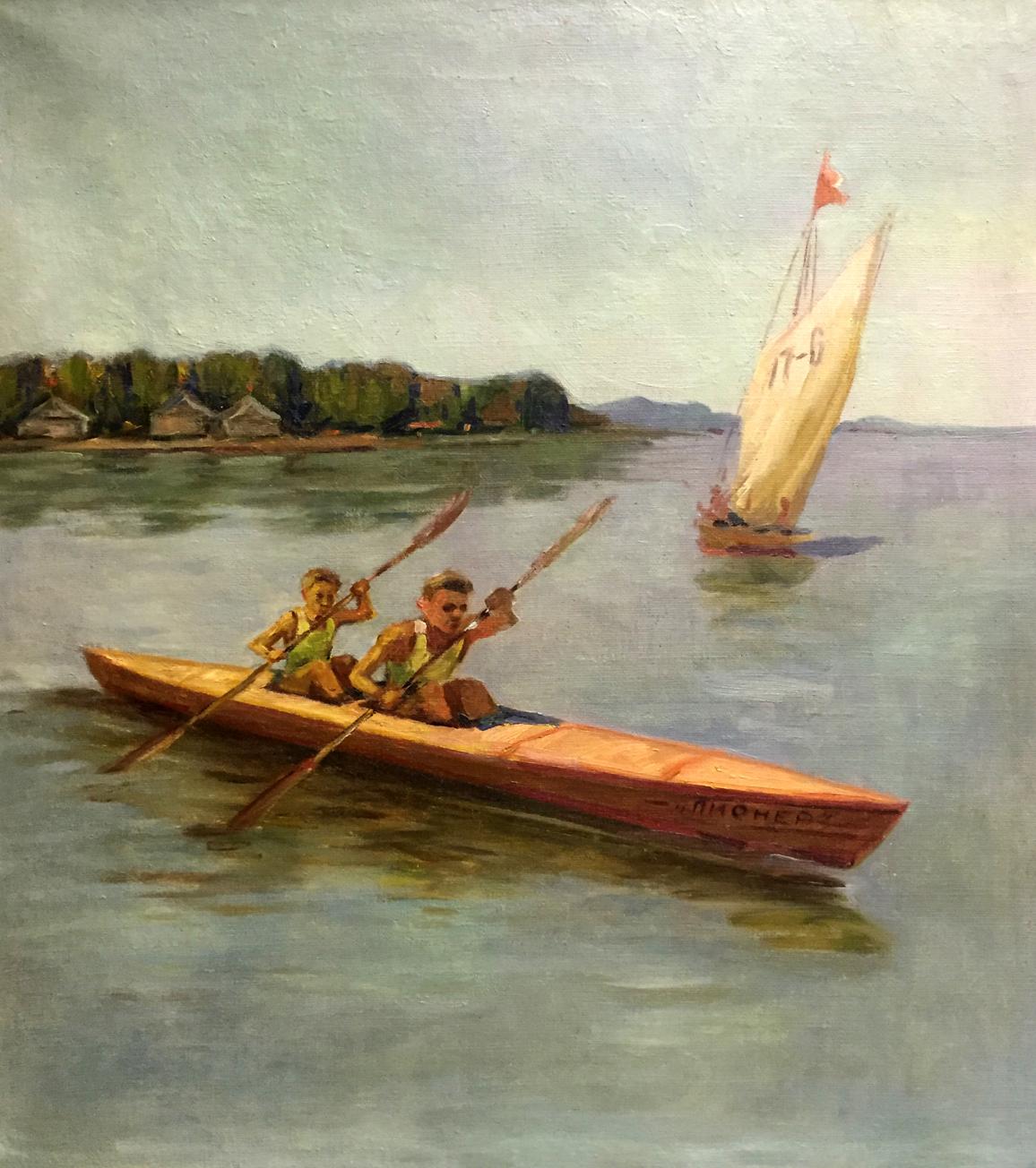 Oil painting of wooden canoe with two rowers in warm brown tones