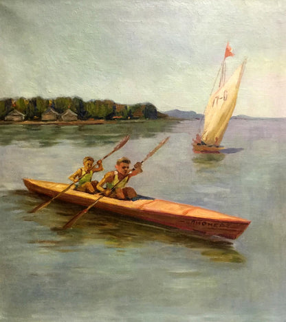 Oil painting of wooden canoe with two rowers in warm brown tones