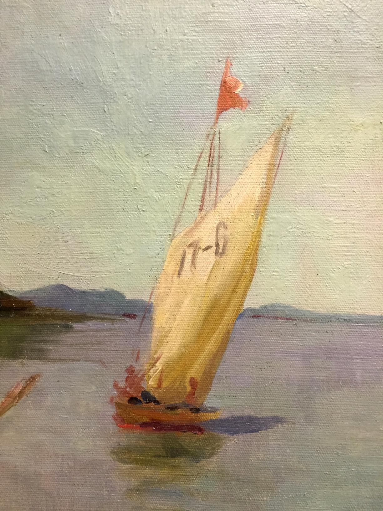 Impressionistic oil painting of yellow sailboat with red flag gliding on calm waters