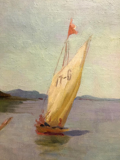 Impressionistic oil painting of yellow sailboat with red flag gliding on calm waters