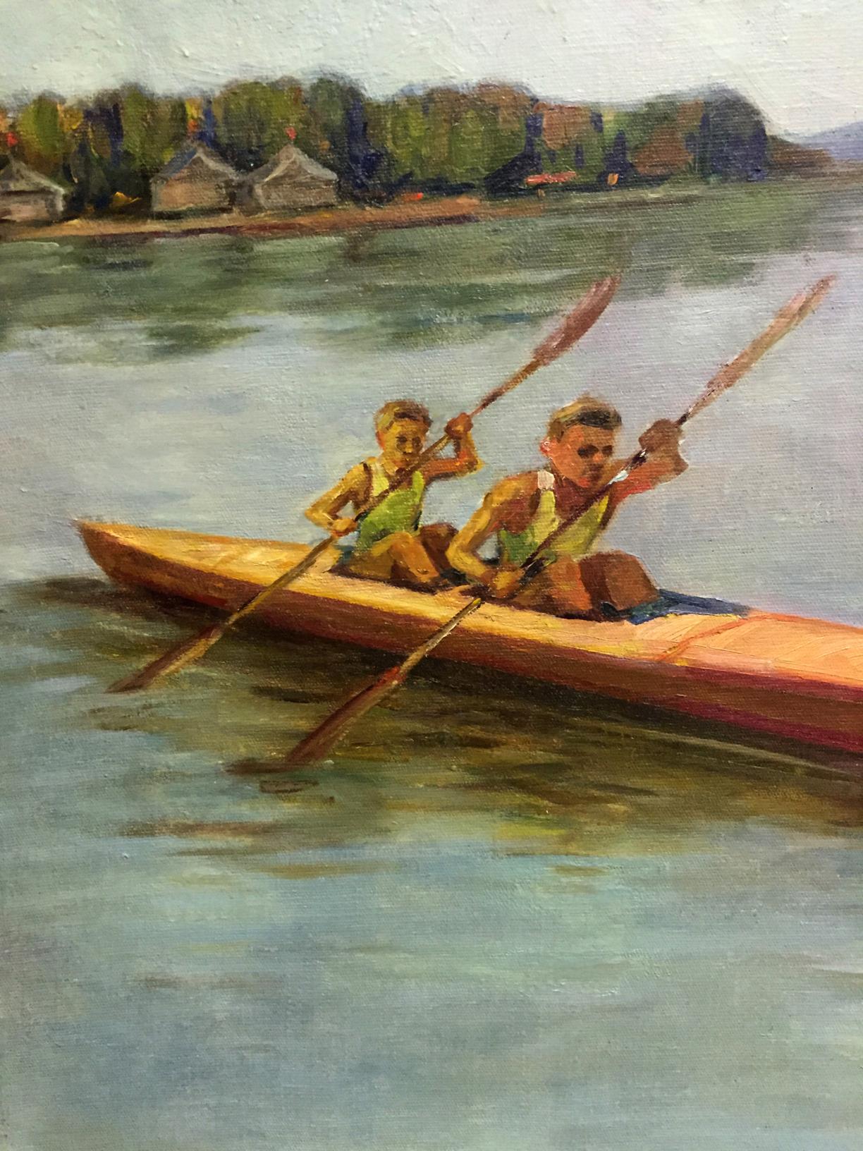 Oil painting Rowers: wooden canoe with two paddlers in warm tones