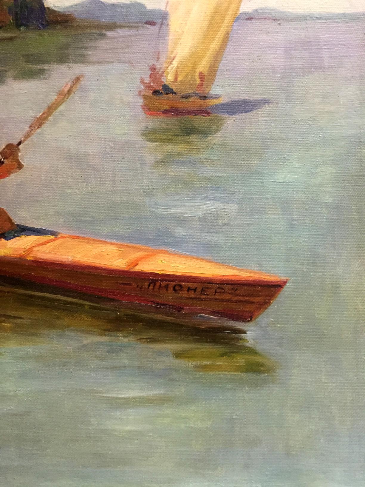 Oil painting of wooden rowboat Midnight with reddish-orange hull