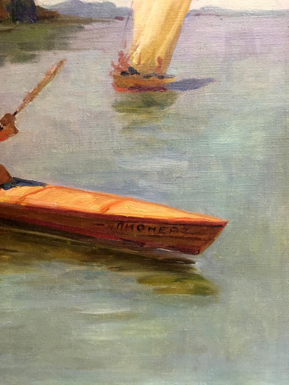 Oil painting of wooden rowboat Midnight with reddish-orange hull