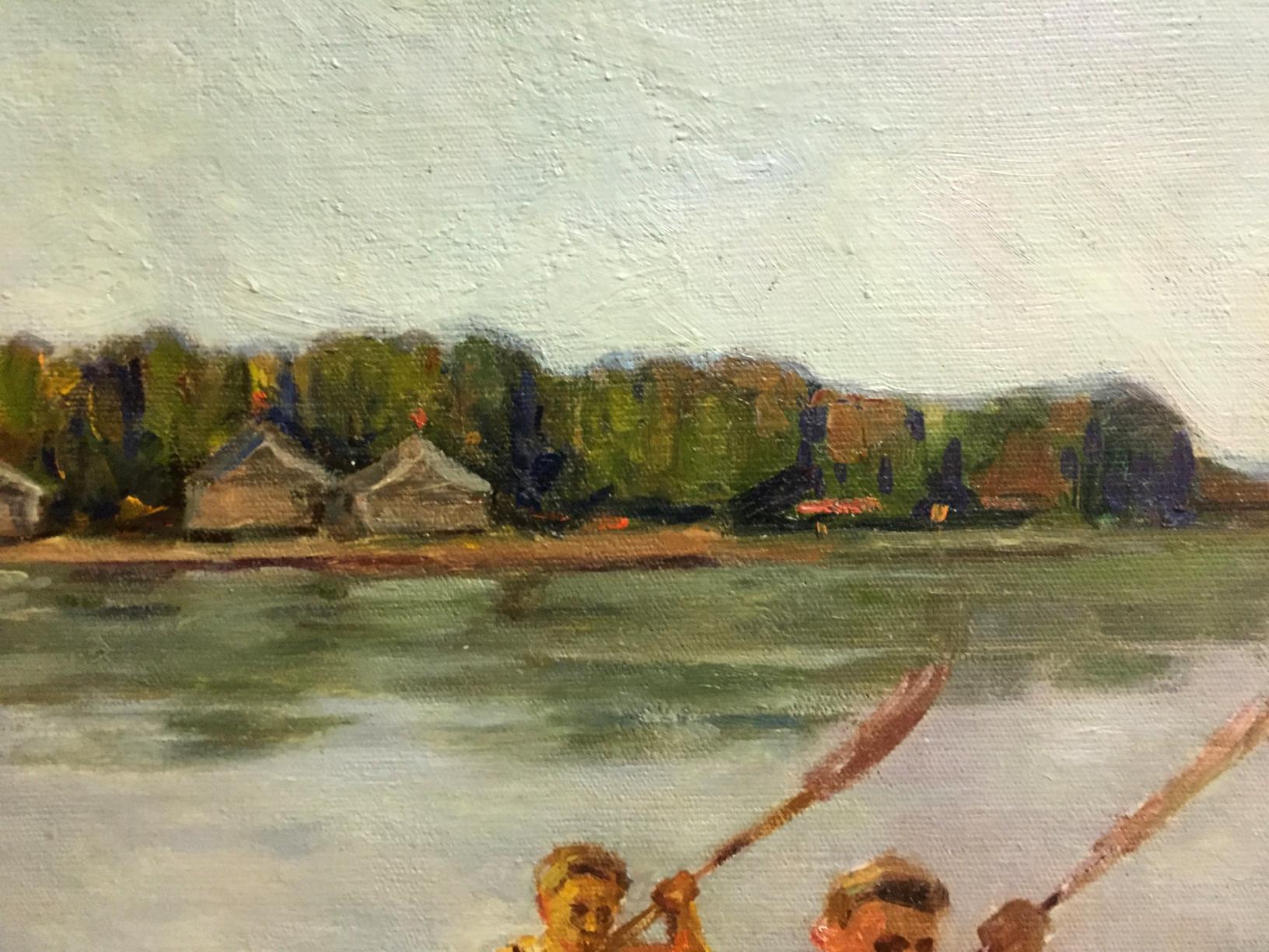 A textured oil painting depicting a serene lakeside scene with two figures in the foreground holding paddles, set against a backdrop of green trees and rustic cabins under a soft sky.