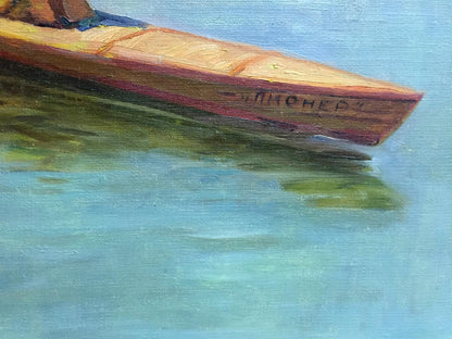 Oil painting of rowboat named Brooklyn with reddish-brown hull
