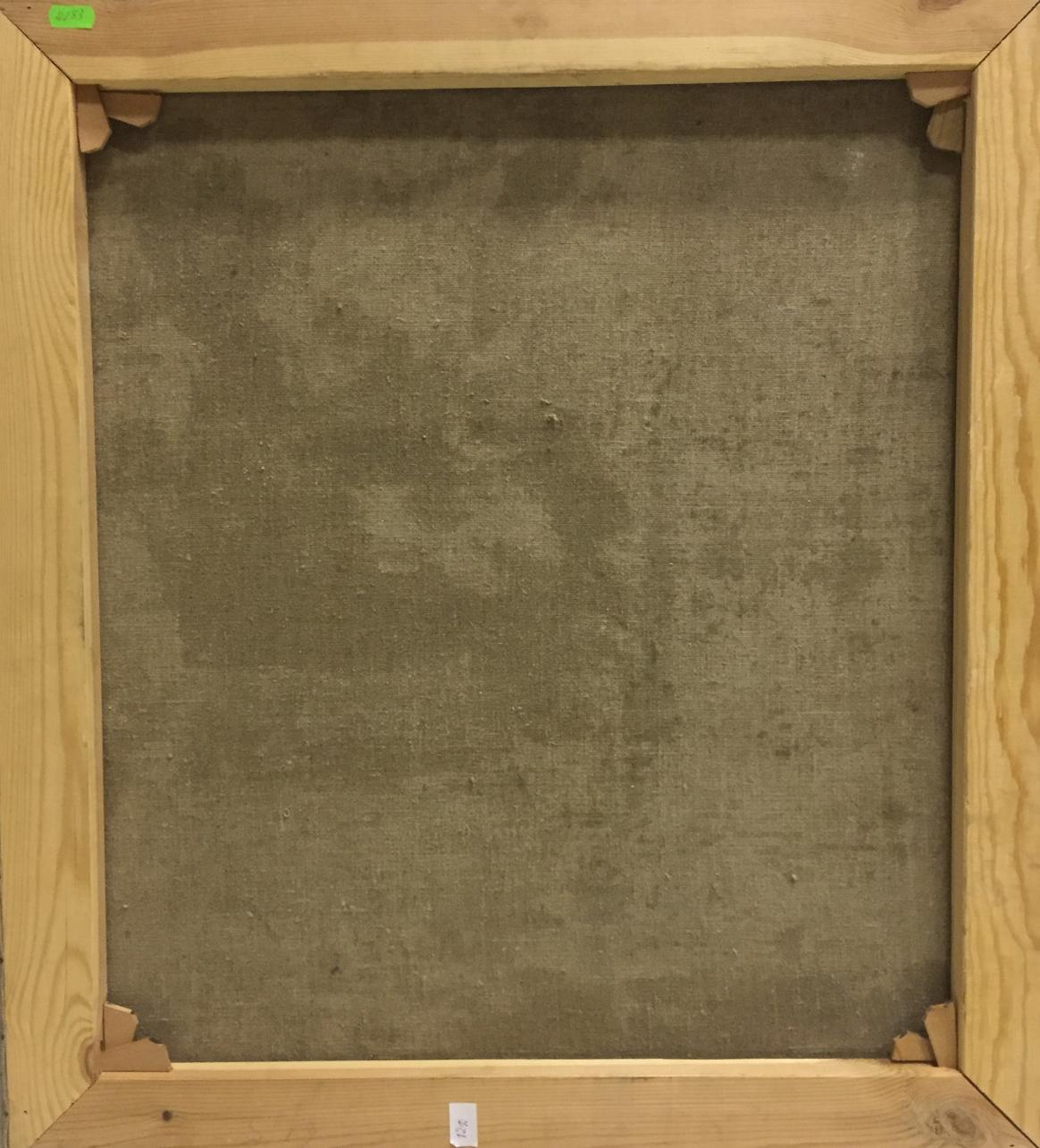 Back of Oil painting Rowers: light wooden frame with gray textured canvas