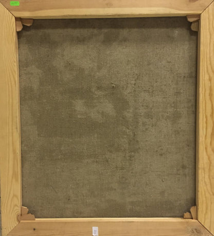 Back of Oil painting Rowers: light wooden frame with gray textured canvas