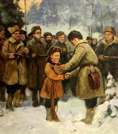 Oil painting of smiling girl in brown coat receiving rifle from soldier