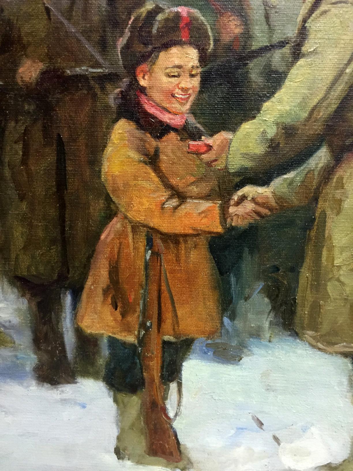 Oil painting of smiling girl soldier in brown coat holding rifle