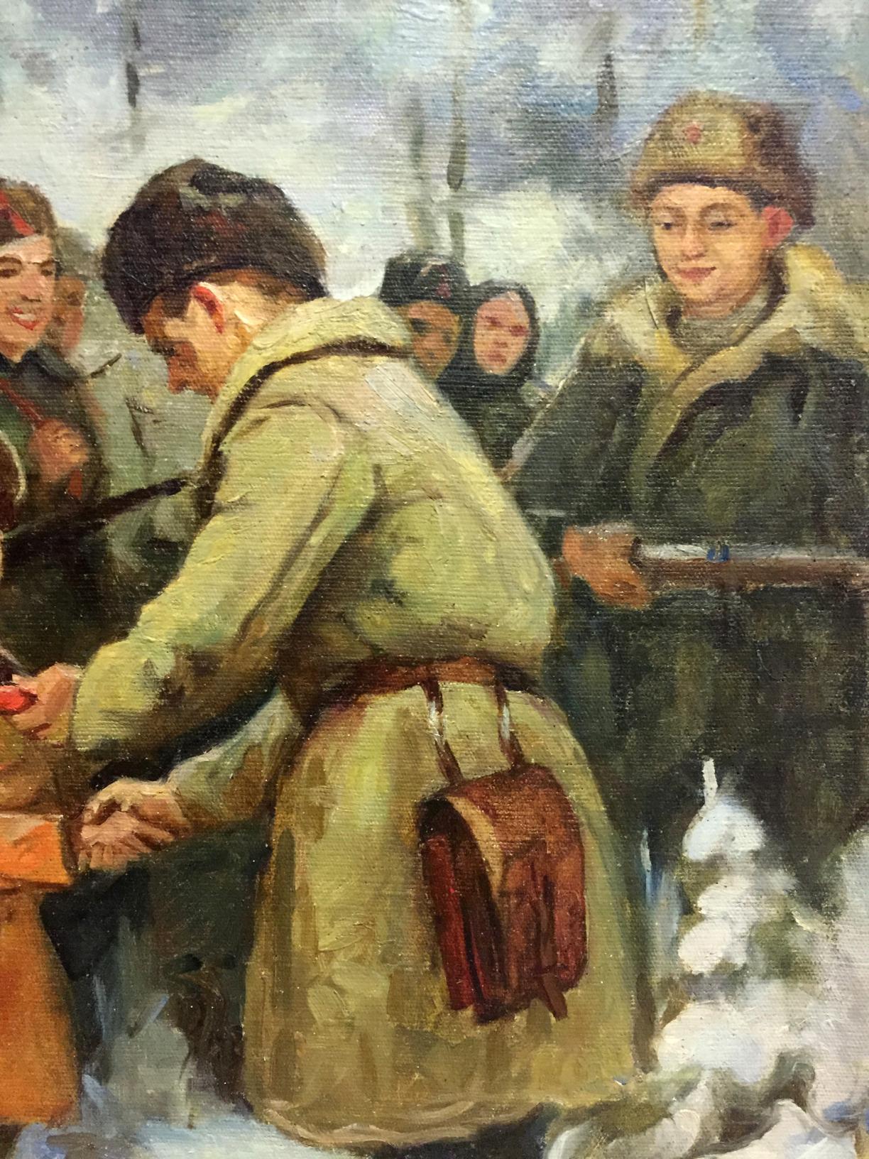 Oil painting of soldier in olive-green coat with brown leather satchel