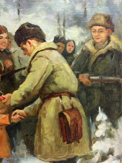 Oil painting of soldier in olive-green coat with brown leather satchel
