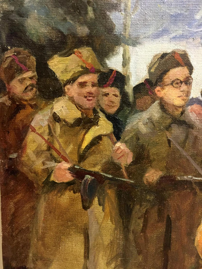 Oil painting of soldiers in earth-toned uniforms and red-banded hats