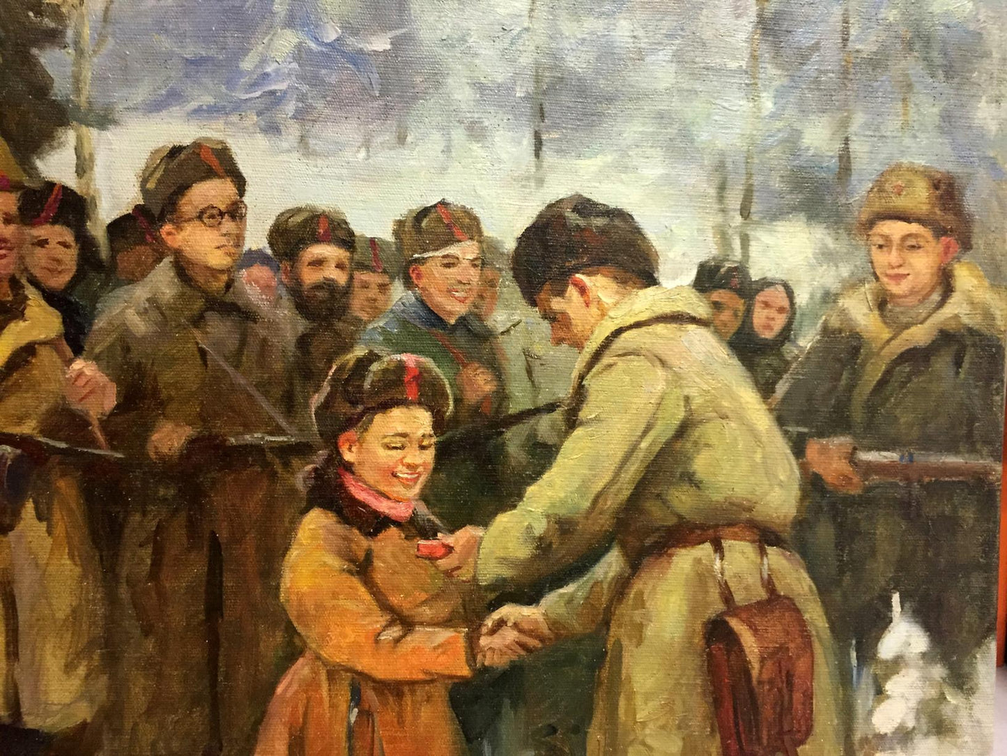 Oil painting of girl in tan coat shaking hands with soldier