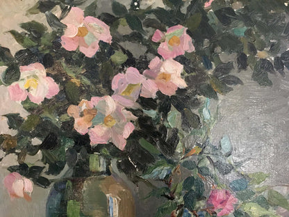 Oil painting Flowers Yakovlev B.N.: pink roses bouquet in olive-green vase