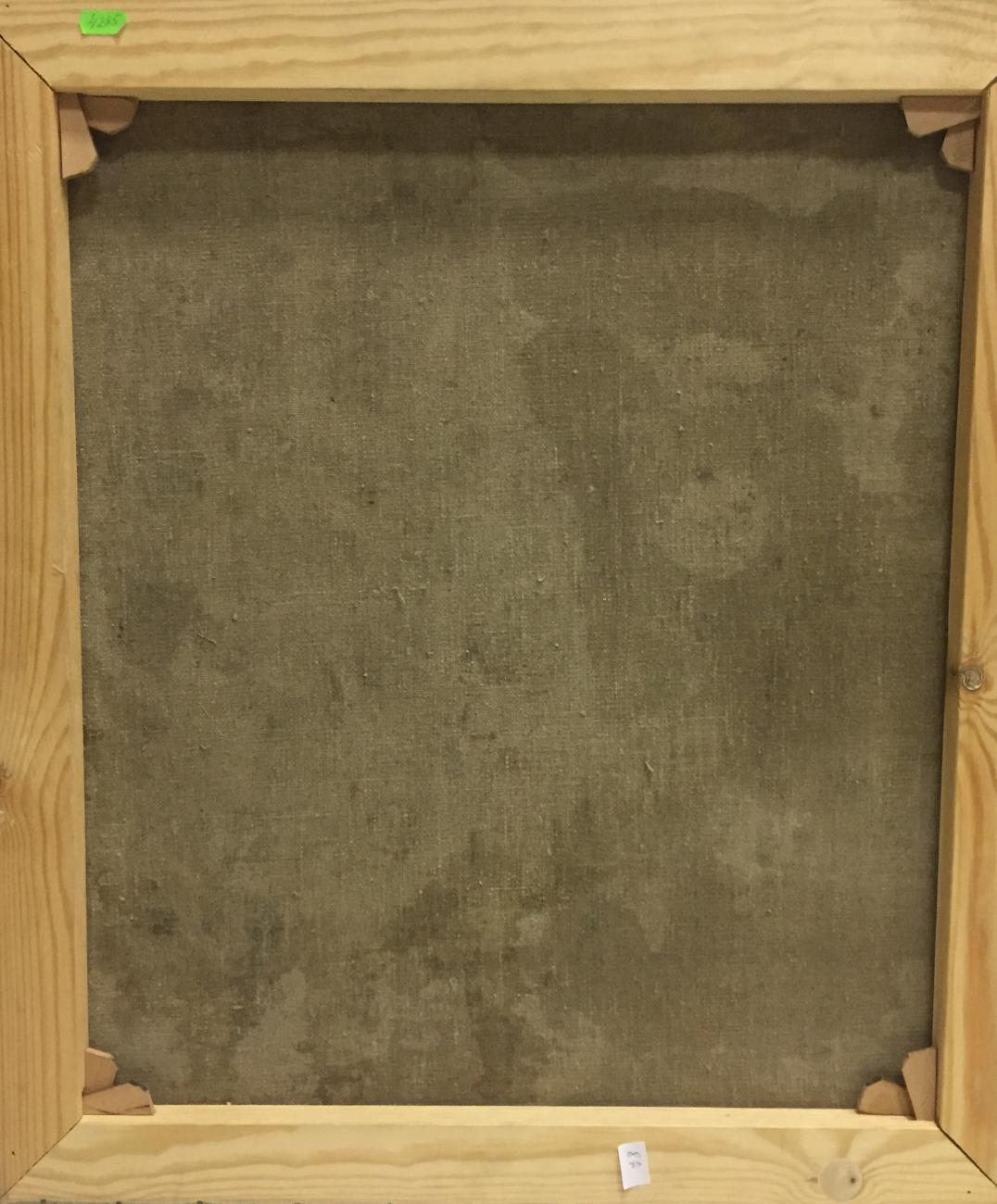 Back of Oil painting Soldiers: light wooden frame with gray textured canvas