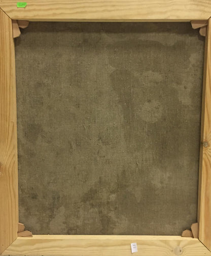 Back of Oil painting Soldiers: light wooden frame with gray textured canvas