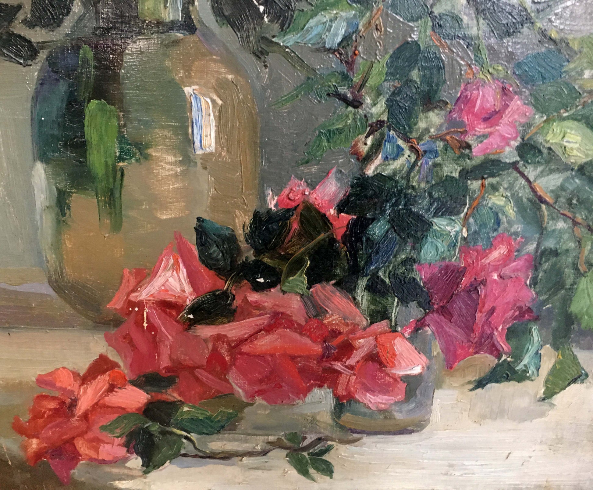 Vibrant impressionistic oil painting of pink red flowers by Yakovlev B. N