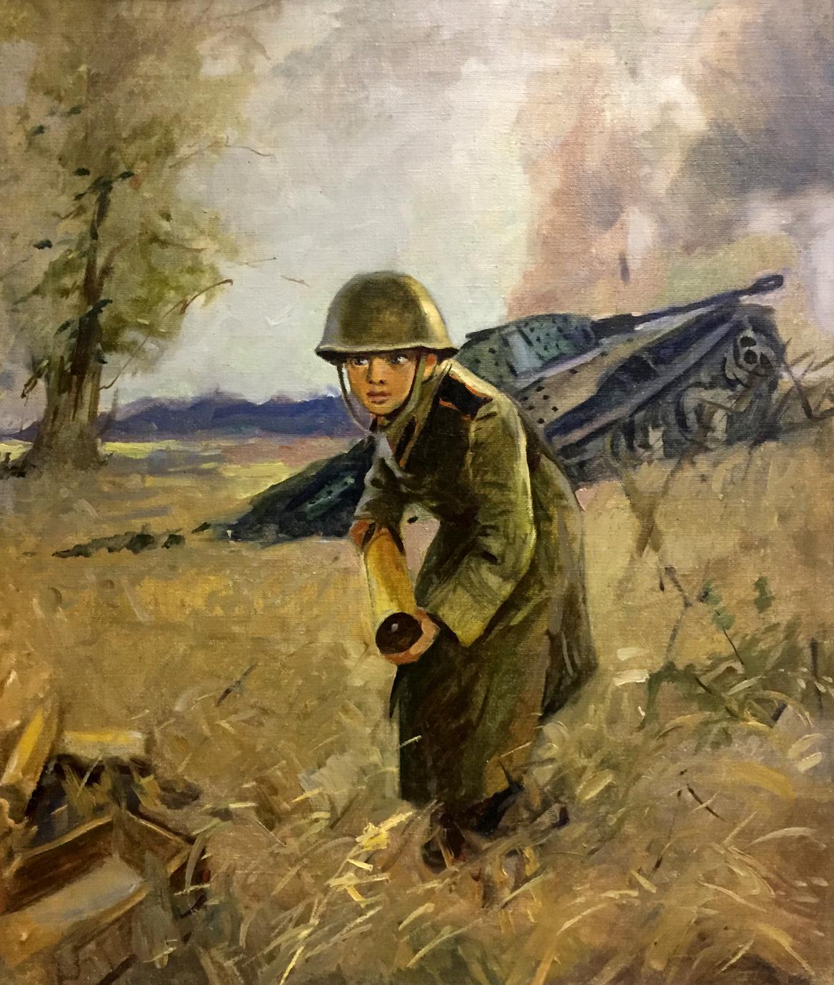 Oil painting of soldier at the front holding rolled map in field