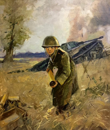 Oil painting of soldier at the front holding rolled map in field