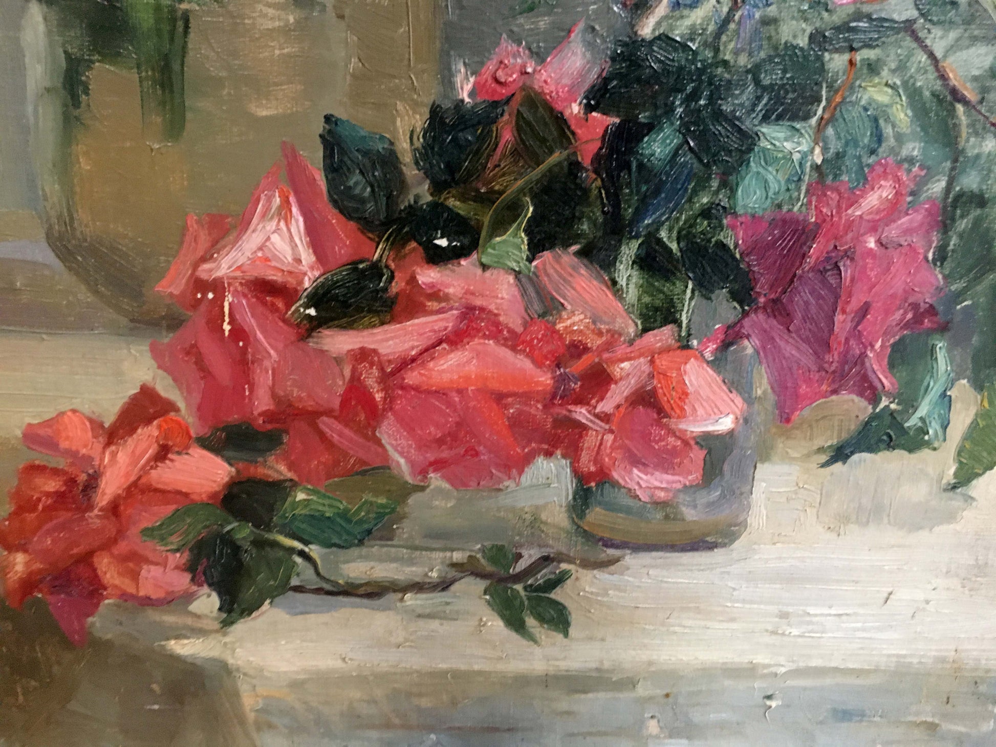 Vibrant impressionistic oil painting of pink red flowers by Yakovlev B. N