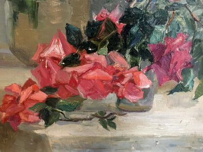 Vibrant impressionistic oil painting of pink red flowers by Yakovlev B. N