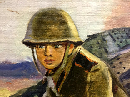Oil painting of soldier at the front in olive-drab helmet with chin straps