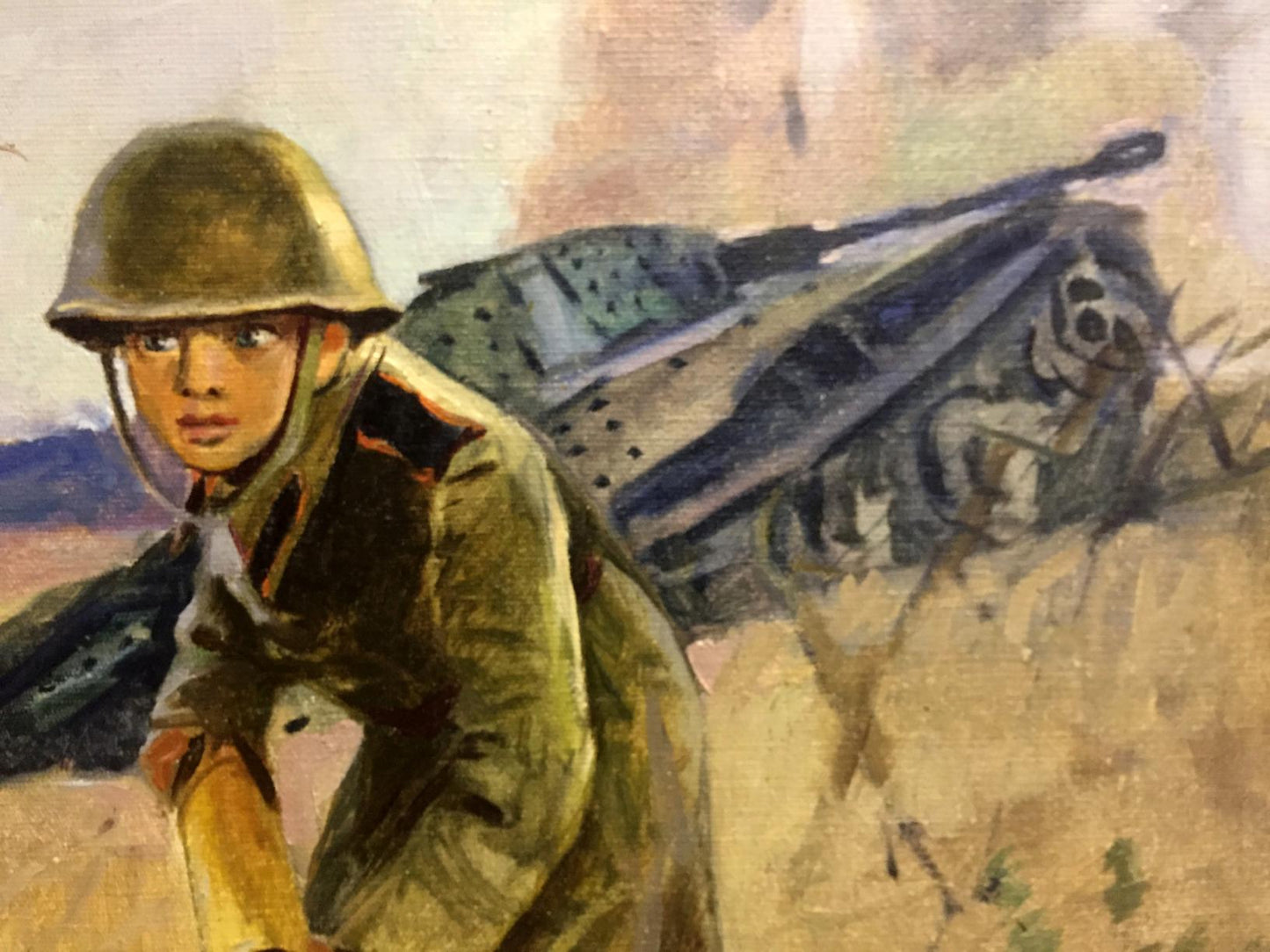 Oil painting of soldier at front in olive uniform by camouflaged tank