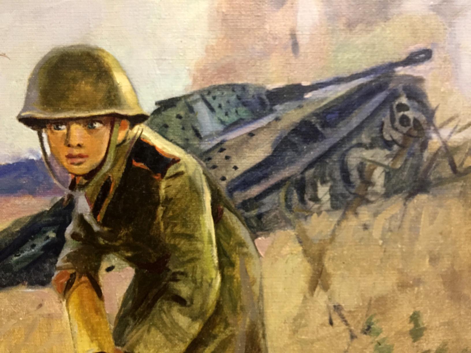 Oil painting of soldier at front in olive uniform by camouflaged tank