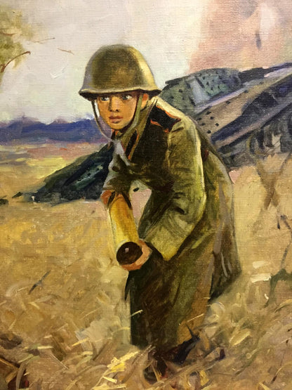 Oil painting of young soldier at front with mortar in olive uniform