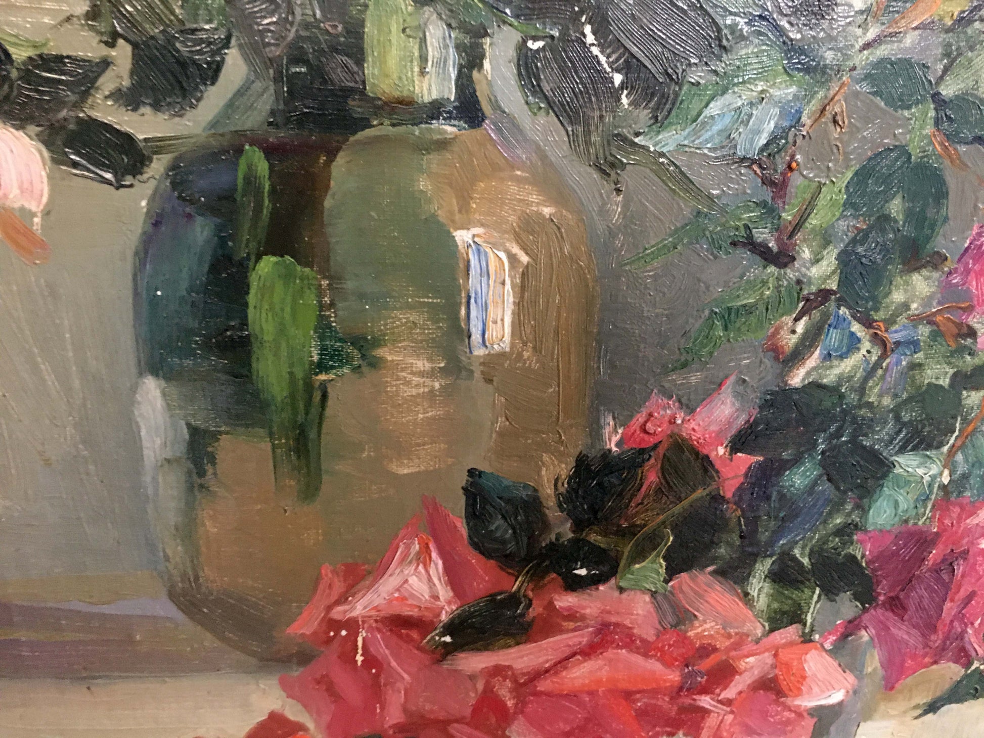 Oil painting Flowers Yakovlev B.N.: brown glossy vase with pink red flowers foliage