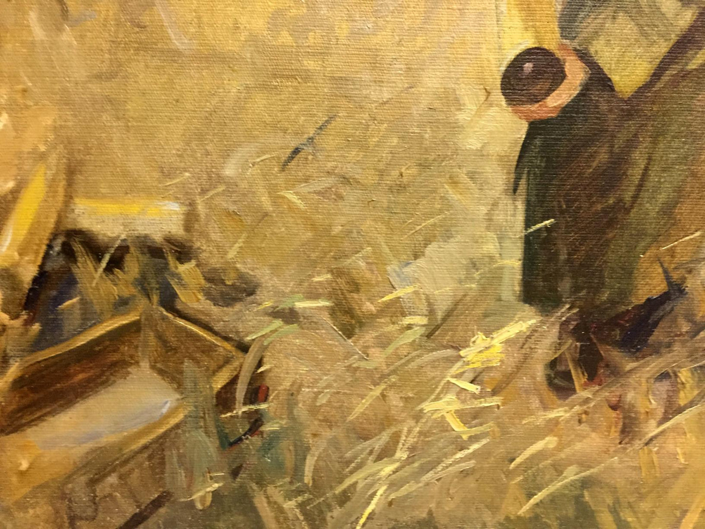Impressionistic oil painting of soldier at front in dark robe and round hat amid golden hay
