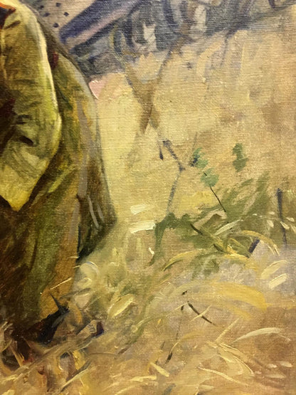 Oil painting Soldier at the front: soldier in olive-green amid golden grasses