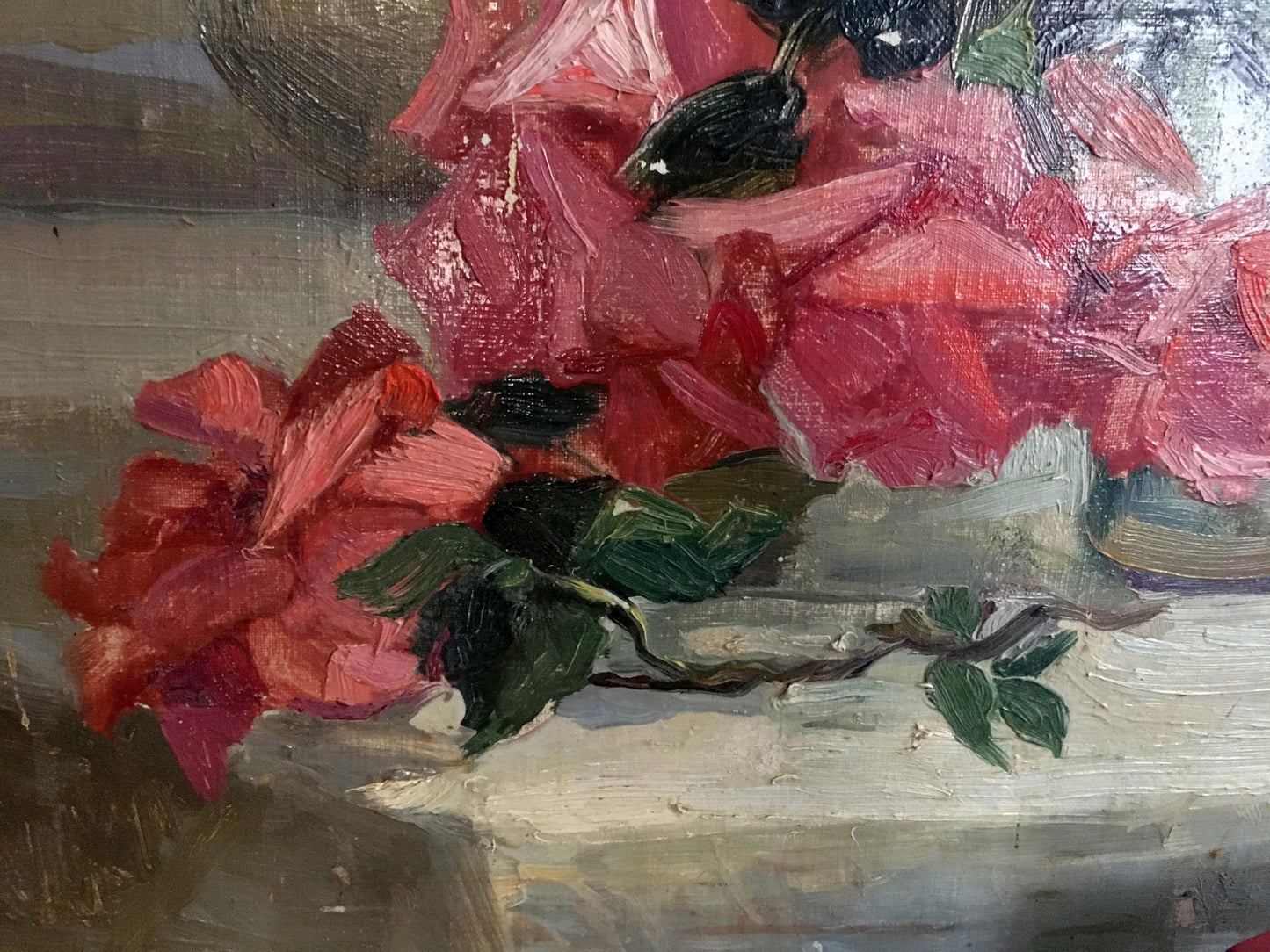 Vibrant pink bougainvillea oil painting by Yakovlev B. N. with lush green leaves