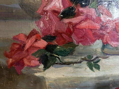 Vibrant pink bougainvillea oil painting by Yakovlev B. N. with lush green leaves