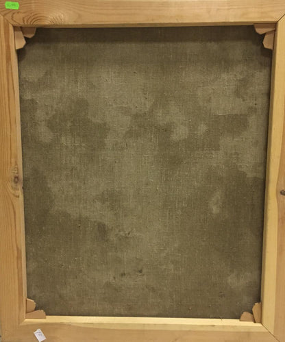 Back of Oil painting Soldier at the front with light wood frame and dark gray fabric