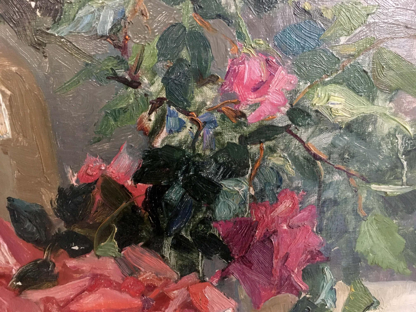 Vibrant oil painting of pink red roses by Yakovlev B. N. in impasto strokes