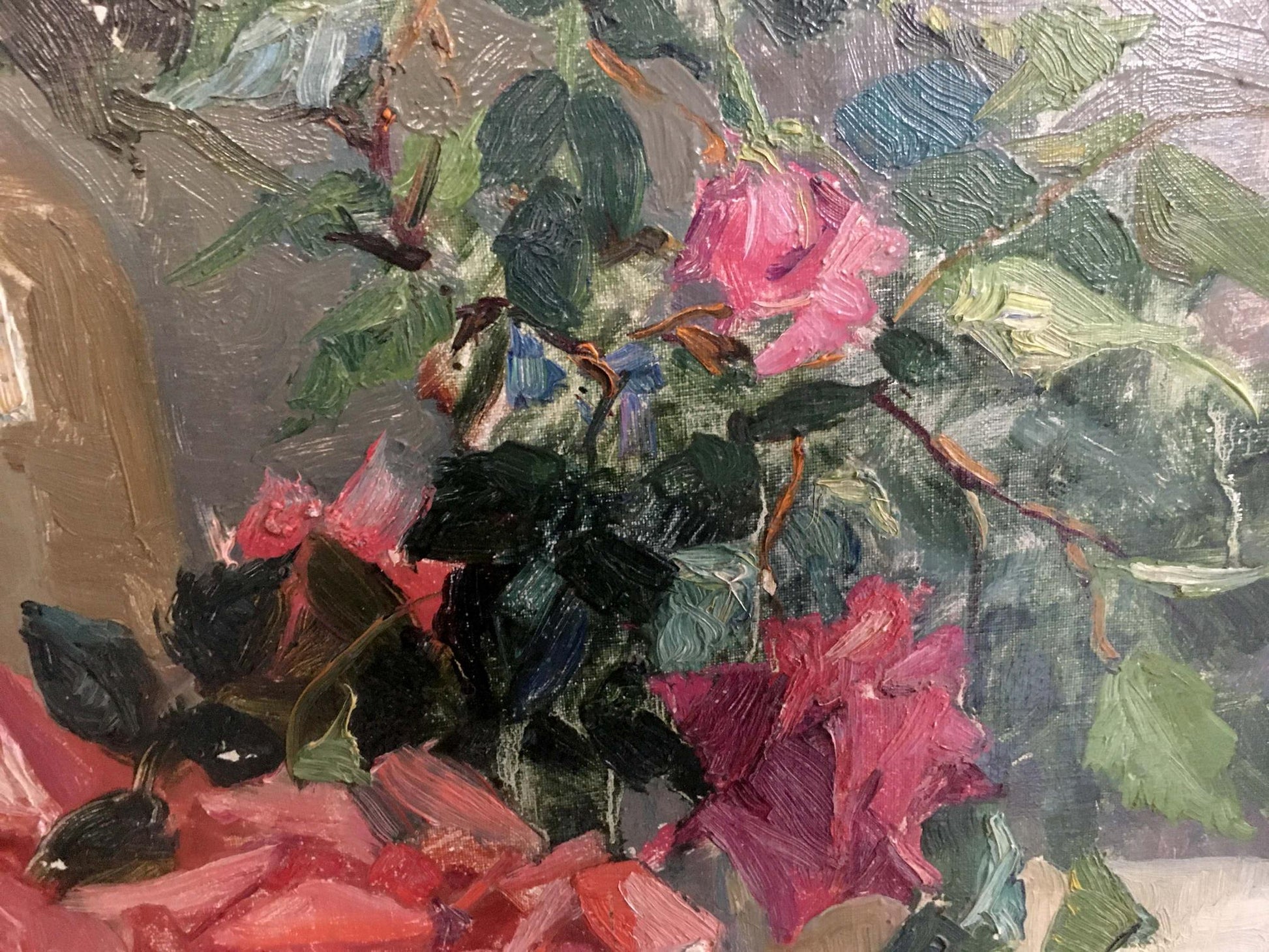 Vibrant oil painting of pink red roses by Yakovlev B. N. in impasto strokes