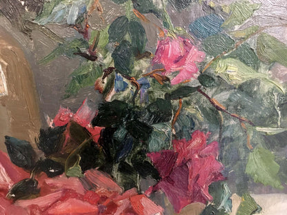Vibrant oil painting of pink red roses by Yakovlev B. N. in impasto strokes