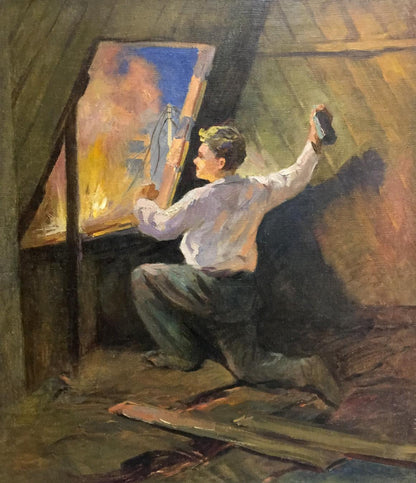 Painterly oil painting of man at window kneeling to paint vibrant yellows and blues