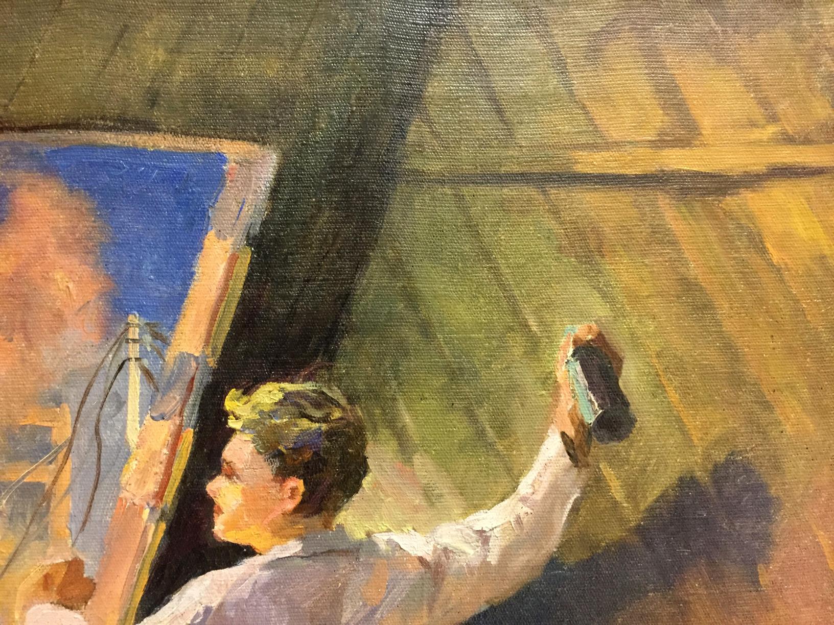Oil painting Man at the Window: painter in white shirt applies green and yellow brushstrokes