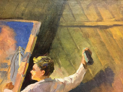 Oil painting Man at the Window: painter in white shirt applies green and yellow brushstrokes