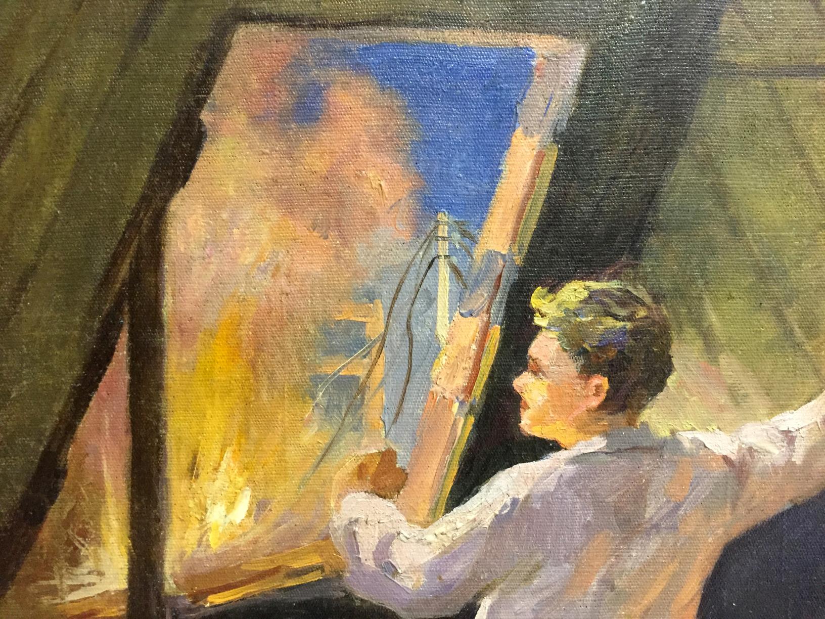 Oil painting Man at the Window with vibrant abstract blue yellow strokes on easel