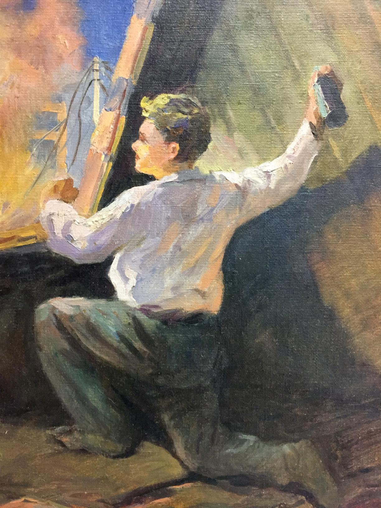 Painter kneeling at easel with oil painting of man at window in orange blue tones
